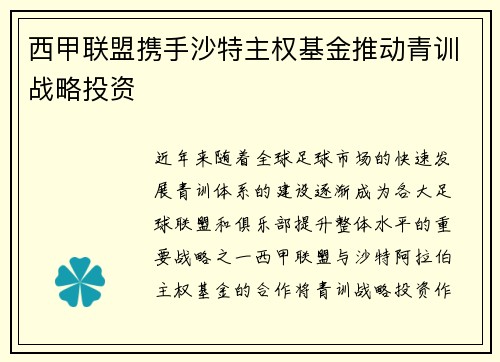 西甲联盟携手沙特主权基金推动青训战略投资